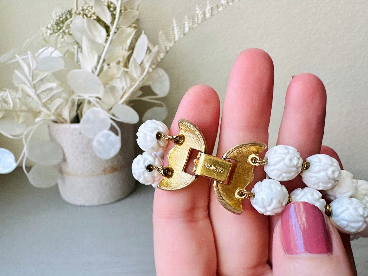 1960's Carved White Floral Bracelet, VTG 60s White Acrylic Double Strand Bracelet with Beautiful Clasp, White & Gold Signed Monet Bracelet