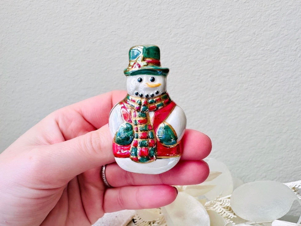 Vintage Snowman Brooch, Winter Wonderland Pin, Red White and Green Pearlized Ceramic 1980s Broach Pin, Cute Snow Man Quirky Christmas Gift