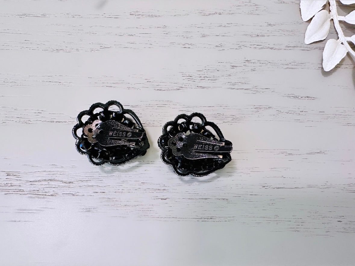 All Black 1960's Sparkling Earrings, 60s Signed Designer Weiss Vintage Teardrop Clip On Black Rhinestone on Black Enamel Earrings