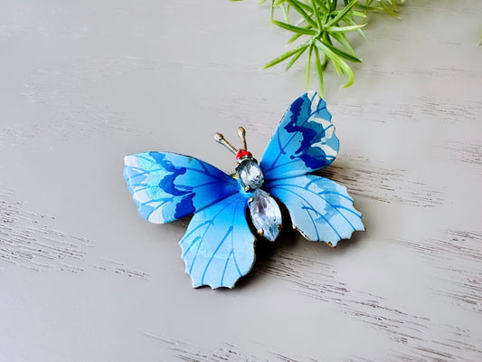 Blue Butterfly Brooch, Colorful Vintage Enamel Butterfly Pin, Beautiful Sky Blue Rhinestone and Gold Tone Butterfly Broach, Spring Fashion