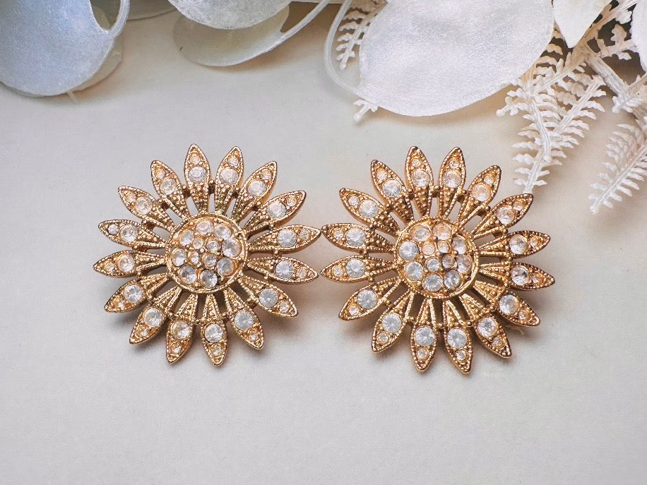 Vintage Rhinestone Flower Earrings, Diamond Crystal Sunflower Vintage Earrings, Pierced Statement Oversized Sparkling Gold Flower Earrings