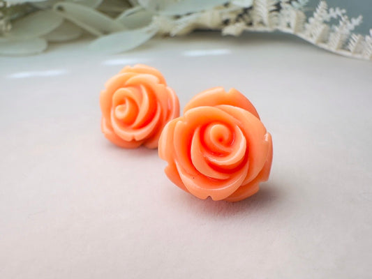 Orange Rose Earring, Light Orange Sorbet Summer Earrings, Colorful Cute Large Rose Stud Earrings, Resin Cabochon Rosettes, Hypoallergenic