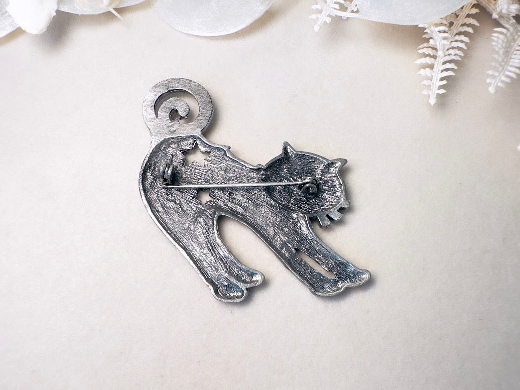 Vintage Cat Brooch, Celestial Pewter Brooch with Enamel Star Accents