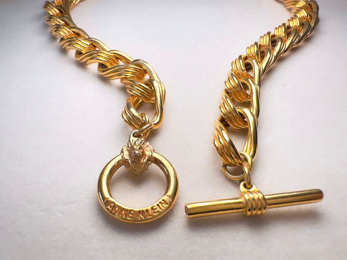 Anne Klein Gold Chain Necklace, Vintage Toggle Clasp Collar Necklace with Lion