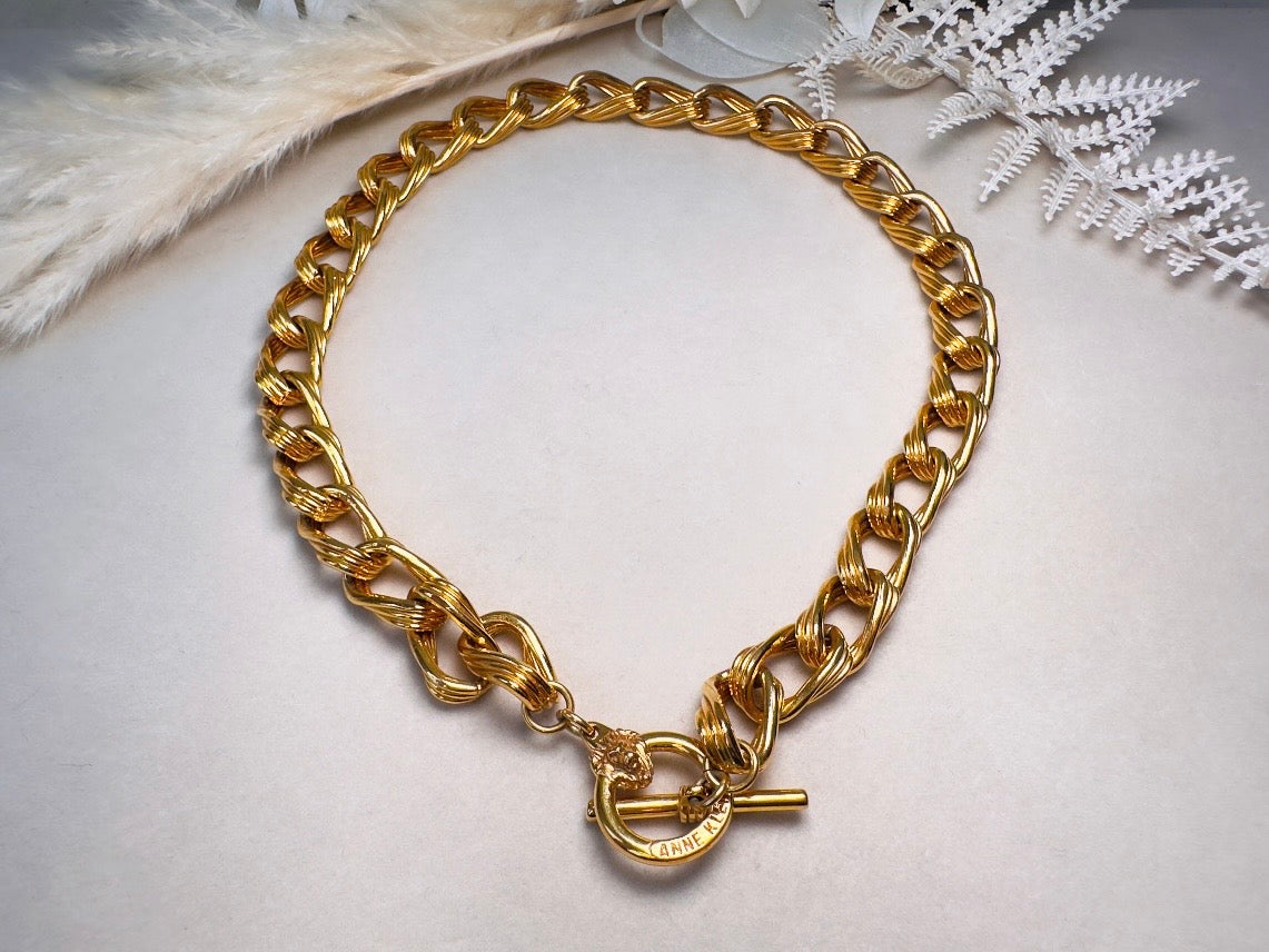Anne Klein Gold Chain Necklace, Vintage Toggle Clasp Collar Necklace with Lion
