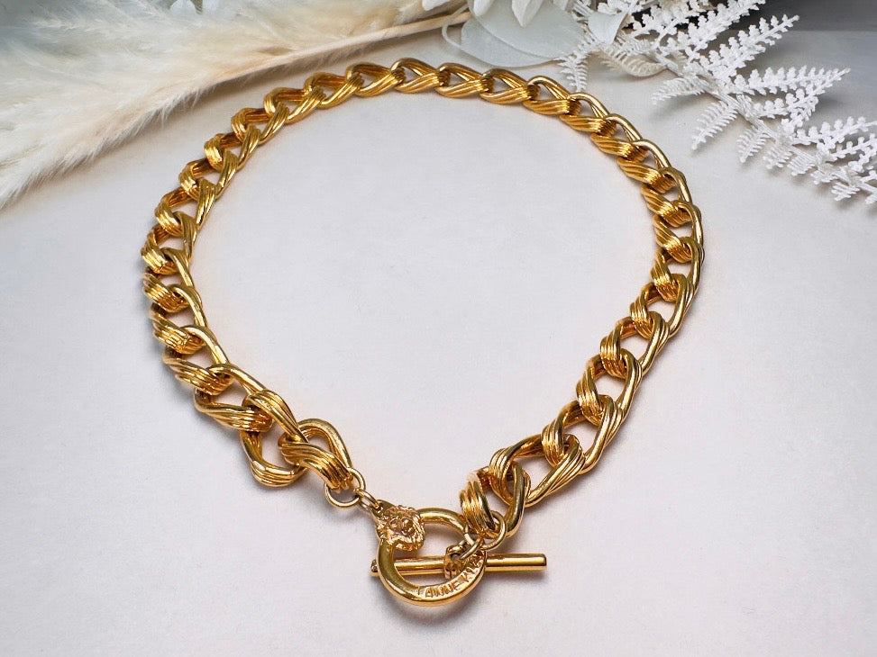 Anne Klein Gold Chain Necklace, Vintage Toggle Clasp Collar Necklace with Lion