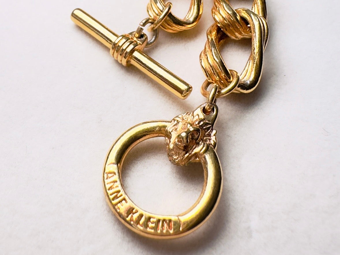 Anne Klein Gold Chain Necklace, Vintage Toggle Clasp Collar Necklace with Lion