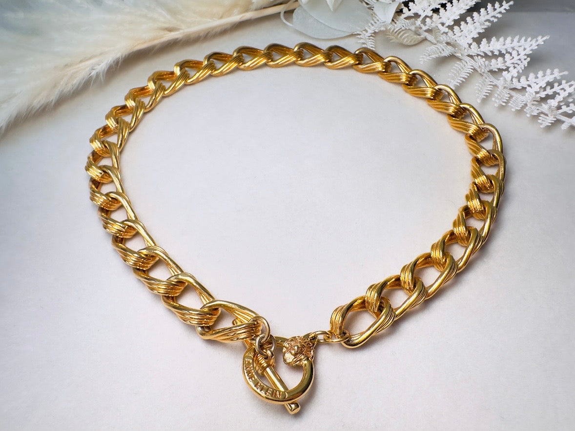 Anne Klein Gold Chain Necklace, Vintage Toggle Clasp Collar Necklace with Lion