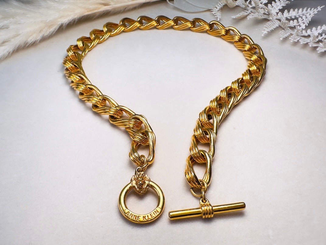 Anne Klein Gold Chain Necklace, Vintage Toggle Clasp Collar Necklace with Lion