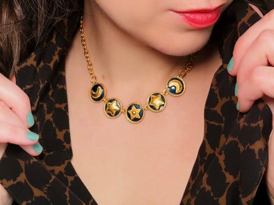 Anne Klein Vintage Necklace, Matte Gold Celestial Necklace, Deep Blue Enamel with Moon and Stars, 1980s Authentic Vintage Designer Jewelry from Piggle and Pop
