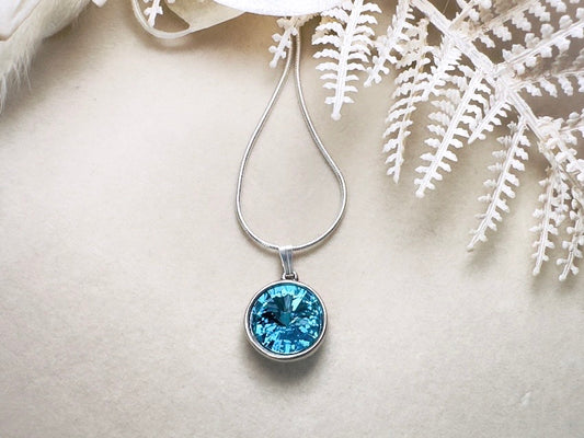 Aquamarine Birthstone Necklace, Swarovski Crystal Blue Rivoli Pendant on Silver Snake Chain