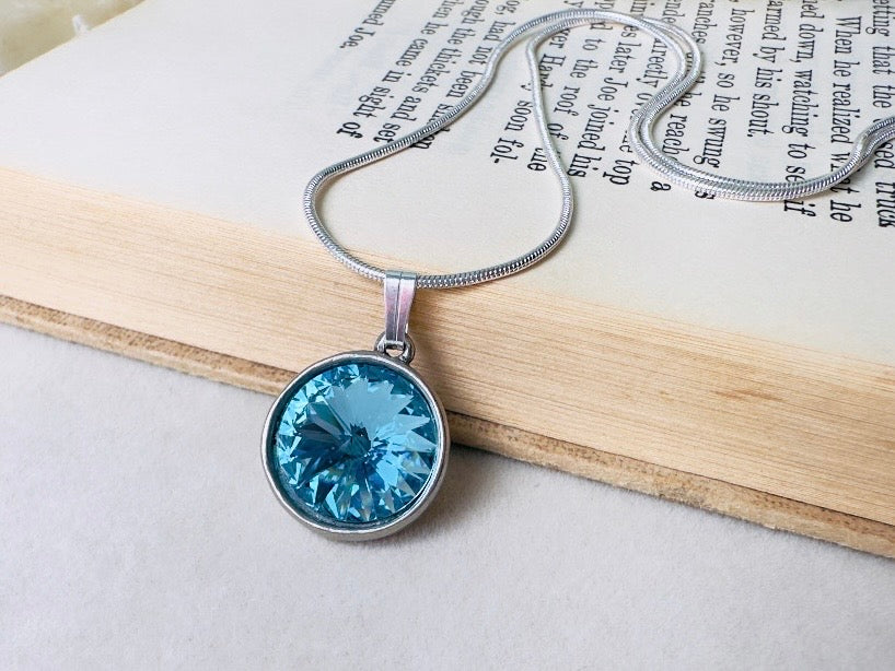 Aquamarine Birthstone Necklace, Swarovski Crystal Blue Rivoli Pendant on Silver Snake Chain