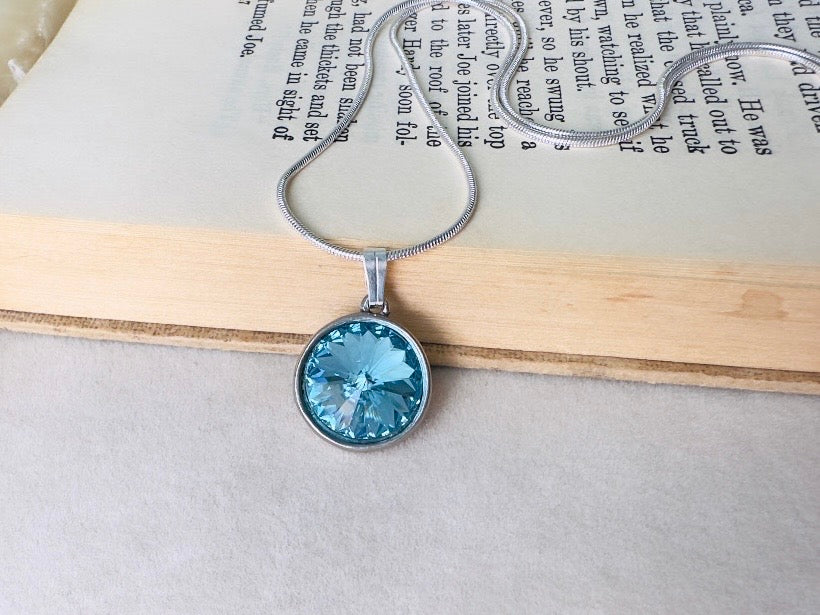 Aquamarine Birthstone Necklace, Swarovski Crystal Blue Rivoli Pendant on Silver Snake Chain
