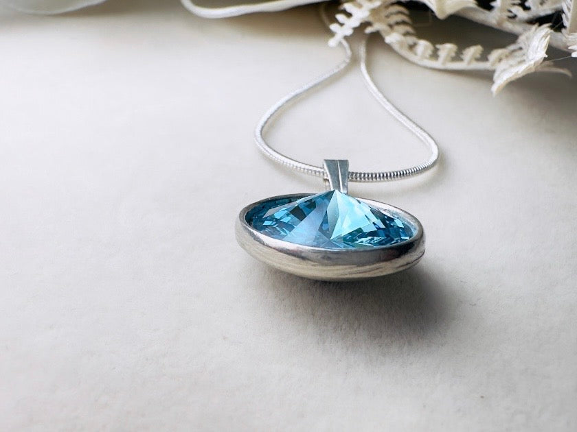 Aquamarine Birthstone Necklace, Swarovski Crystal Blue Rivoli Pendant on Silver Snake Chain