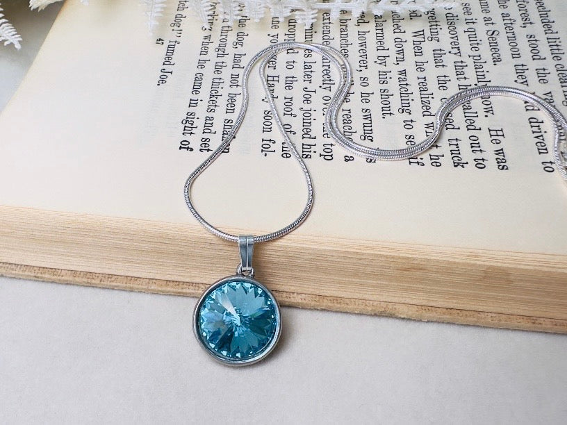 Aquamarine Birthstone Necklace, Swarovski Crystal Blue Rivoli Pendant on Silver Snake Chain