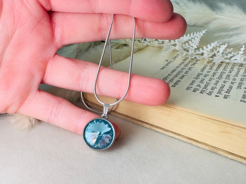 Aquamarine Birthstone Necklace, Swarovski Crystal Blue Rivoli Pendant on Silver Snake Chain