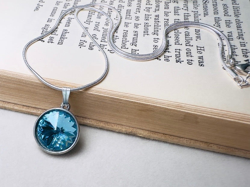 Aquamarine Birthstone Necklace, Swarovski Crystal Blue Rivoli Pendant on Silver Snake Chain