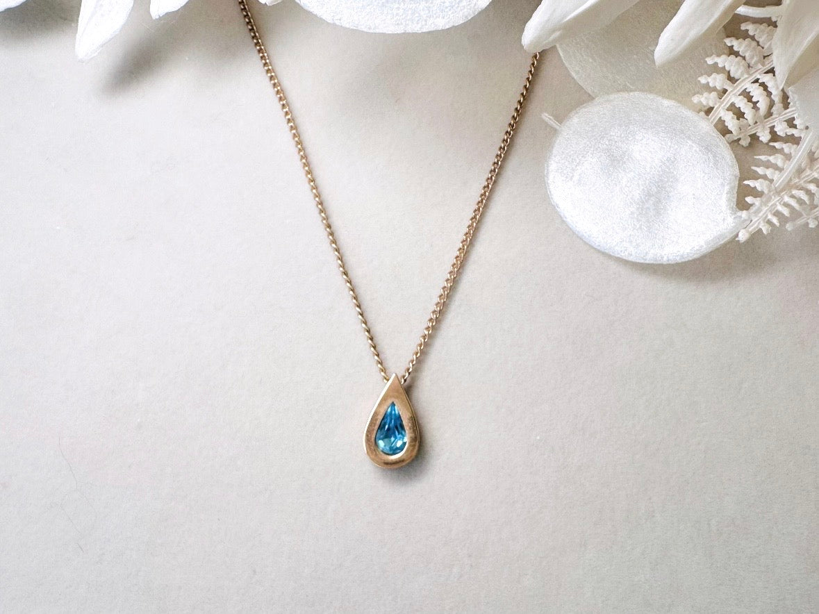 Aquamarine Birthstone Necklace, Vintage Austrian Crystal Blue Raindrop Pendant on Fine Gold Chain