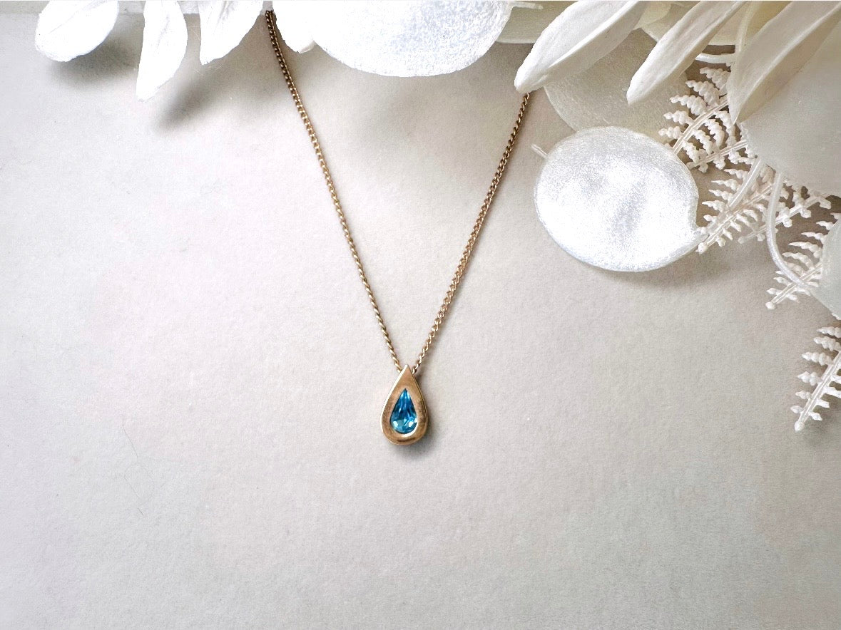 Aquamarine Birthstone Necklace, Vintage Austrian Crystal Blue Raindrop Pendant on Fine Gold Chain