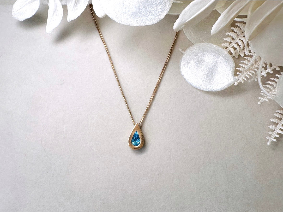 Aquamarine Birthstone Necklace, Vintage Austrian Crystal Blue Raindrop Pendant on Fine Gold Chain