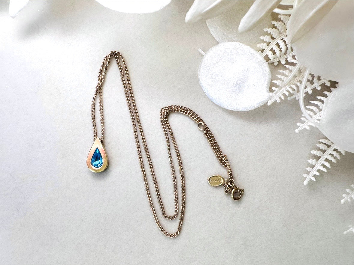 Aquamarine Birthstone Necklace, Vintage Austrian Crystal Blue Raindrop Pendant on Fine Gold Chain