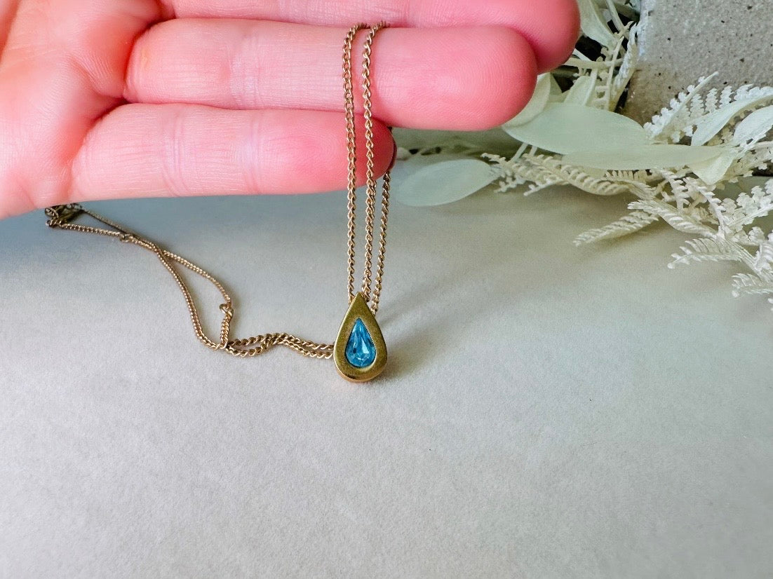Aquamarine Birthstone Necklace, Vintage Austrian Crystal Blue Raindrop Pendant on Fine Gold Chain
