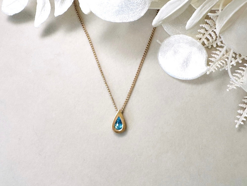 Aquamarine Birthstone Necklace, Vintage Austrian Crystal Blue Raindrop Pendant on Fine Gold Chain