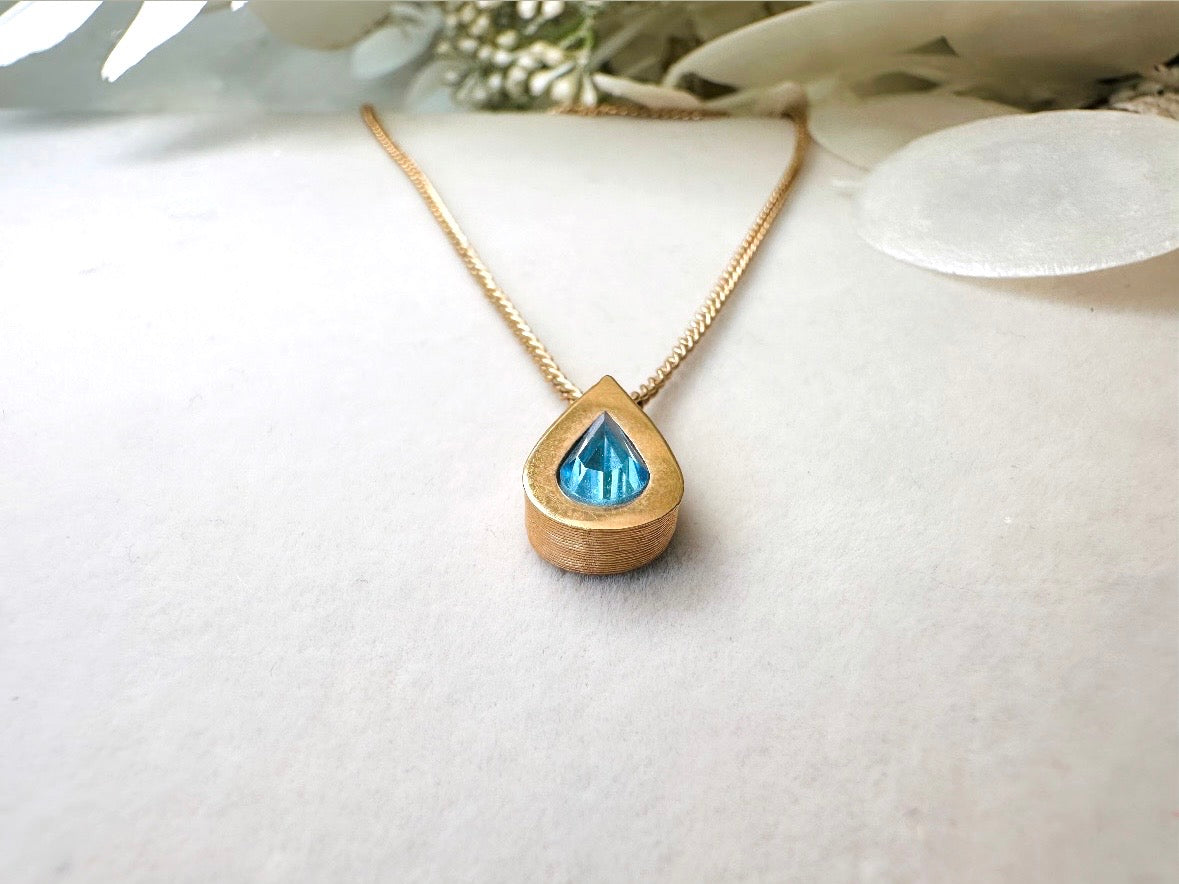 Aquamarine Birthstone Necklace, Vintage Austrian Crystal Blue Raindrop Pendant on Fine Gold Chain