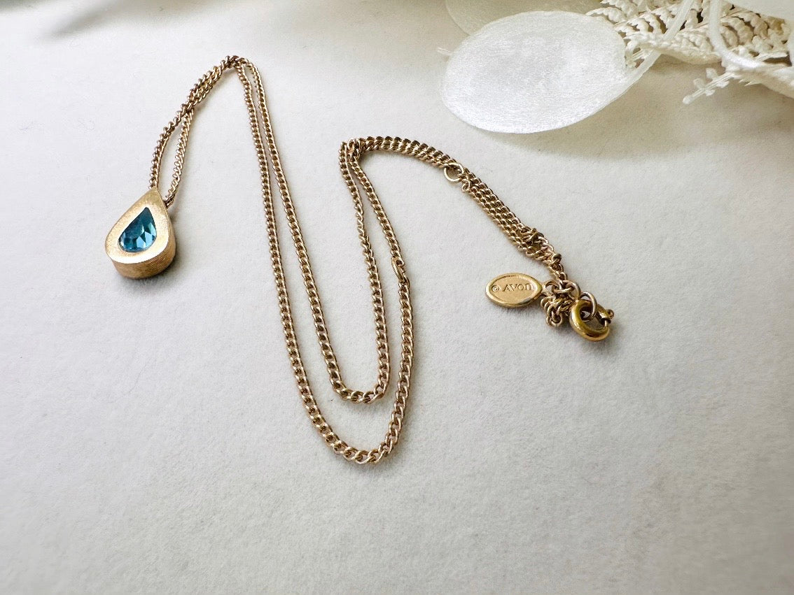 Aquamarine Birthstone Necklace, Vintage Austrian Crystal Blue Raindrop Pendant on Fine Gold Chain