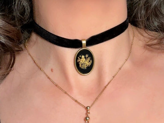 Aquarius Zodiac Necklace, Handmade Black Velvet Choker with Vintage Glass Astrology Cameo