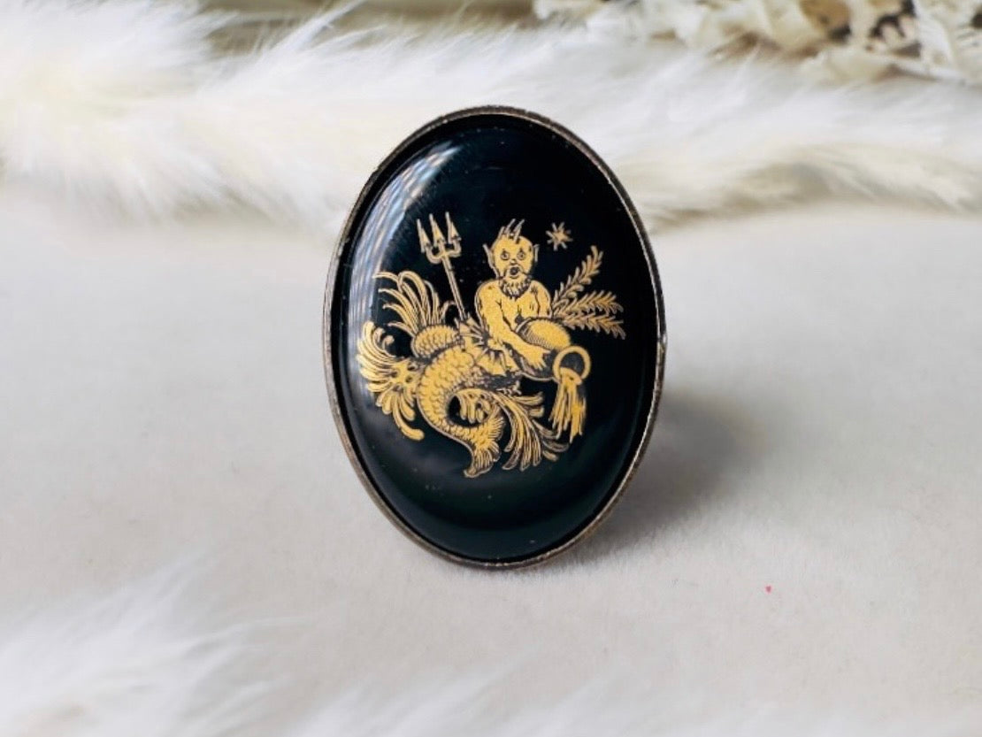 Aquarius Zodiac Ring, Celestial Vintage Astrology Ring with Black Glass Cameo with Gold Detail, Unisex Star Sign Adjustable Bronze Ring