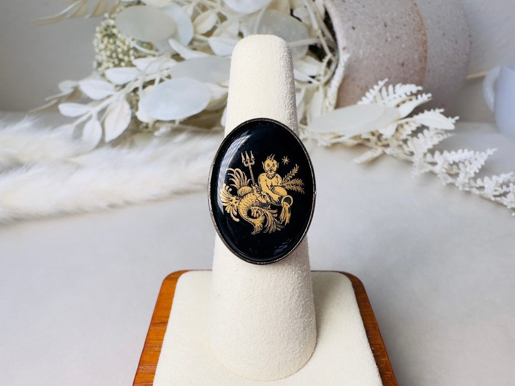 Aquarius Zodiac Ring, Celestial Vintage Astrology Ring with Black Glass Cameo with Gold Detail, Unisex Star Sign Adjustable Bronze Ring
