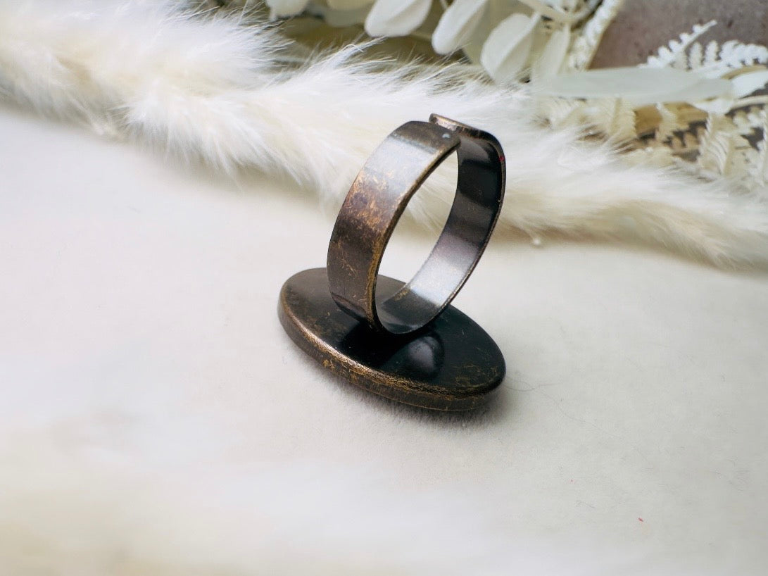 Aquarius Zodiac Ring, Celestial Vintage Astrology Ring with Black Glass Cameo with Gold Detail, Unisex Star Sign Adjustable Bronze Ring