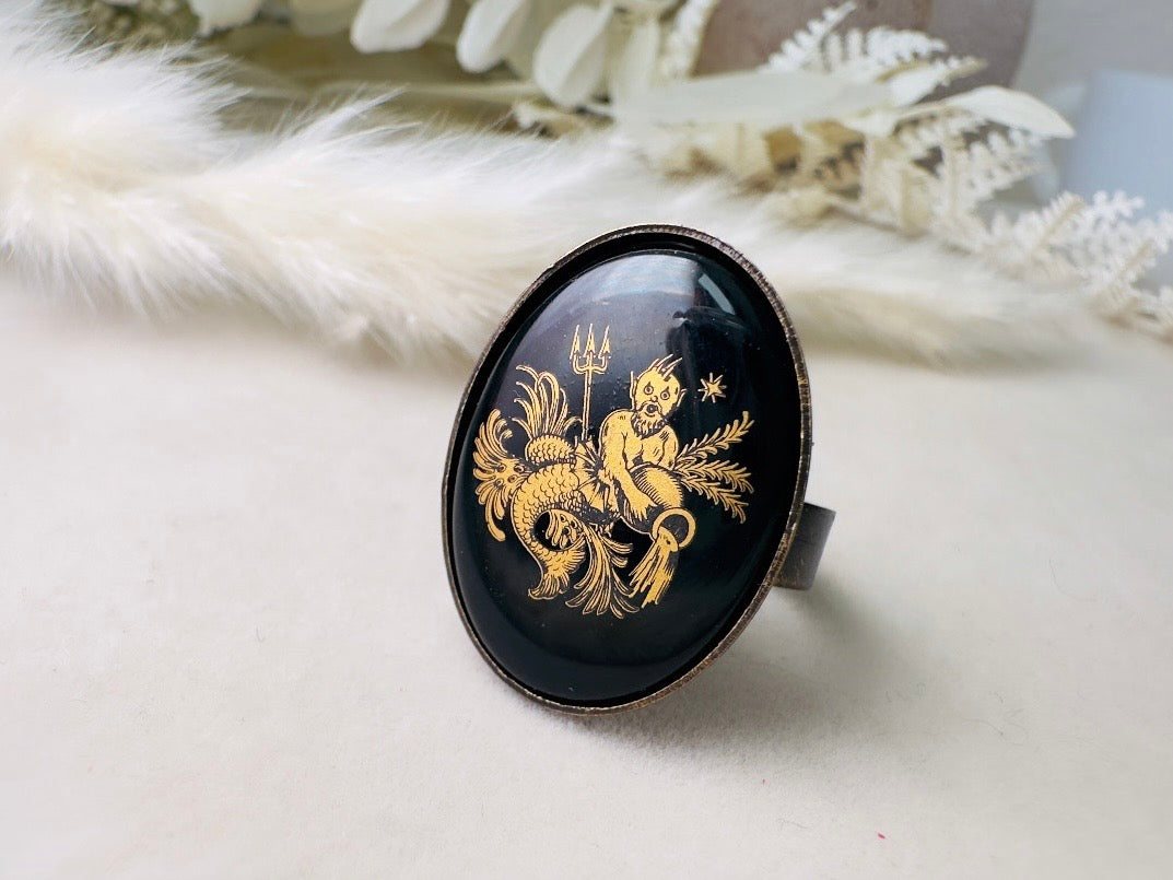 Aquarius Zodiac Ring, Celestial Vintage Astrology Ring with Black Glass Cameo with Gold Detail, Unisex Star Sign Adjustable Bronze Ring