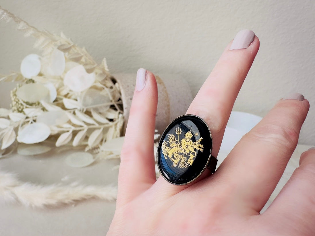 Aquarius Zodiac Ring, Celestial Vintage Astrology Ring with Black Glass Cameo with Gold Detail, Unisex Star Sign Adjustable Bronze Ring