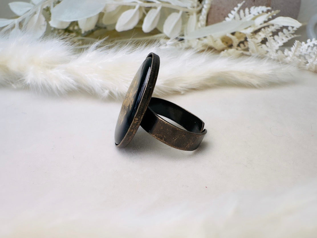 Aquarius Zodiac Ring, Celestial Vintage Astrology Ring with Black Glass Cameo with Gold Detail, Unisex Star Sign Adjustable Bronze Ring