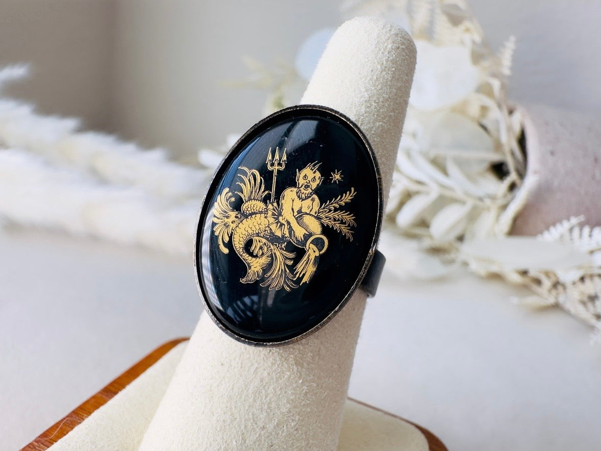 Aquarius Zodiac Ring, Celestial Vintage Astrology Ring with Black Glass Cameo with Gold Detail, Unisex Star Sign Adjustable Bronze Ring