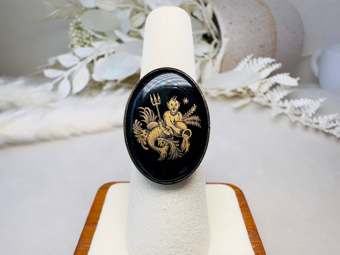 Aquarius Zodiac Ring, Celestial Vintage Astrology Ring with Black Glass Cameo with Gold Detail, Unisex Star Sign Adjustable Bronze Ring