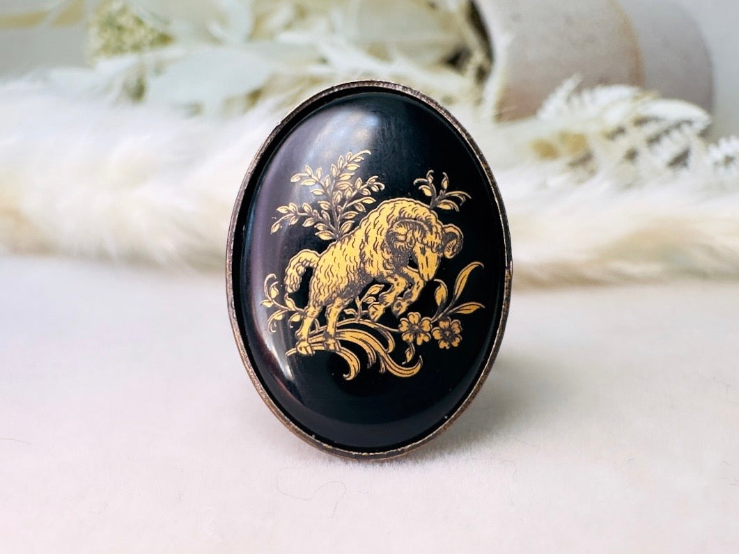 Aries Zodiac Ring, Vintage Glass Cameo Ring in Black and Gold