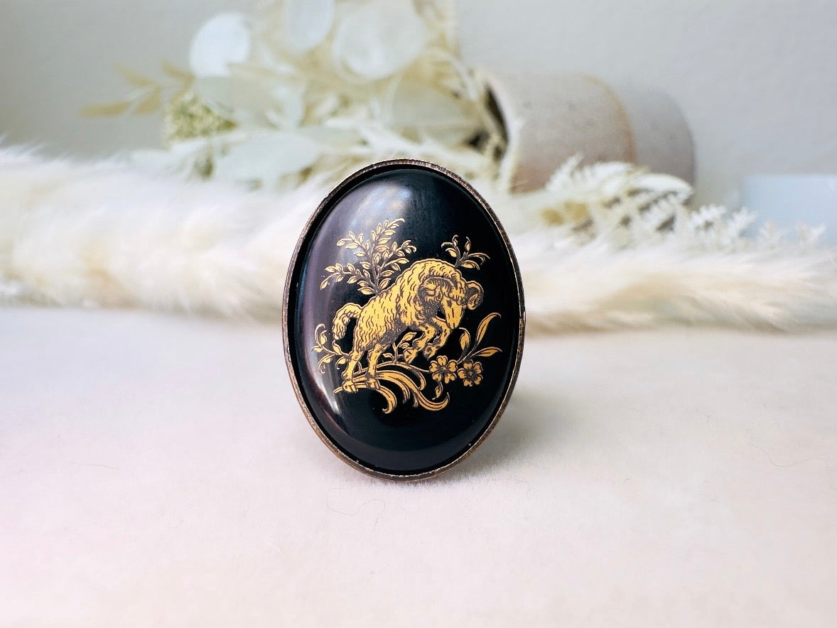 Aries Zodiac Ring, Vintage Glass Cameo Ring in Black and Gold