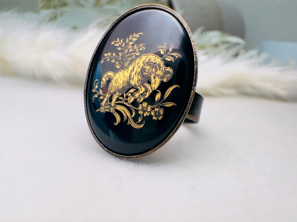 Aries Zodiac Ring, Vintage Glass Cameo Ring in Black and Gold