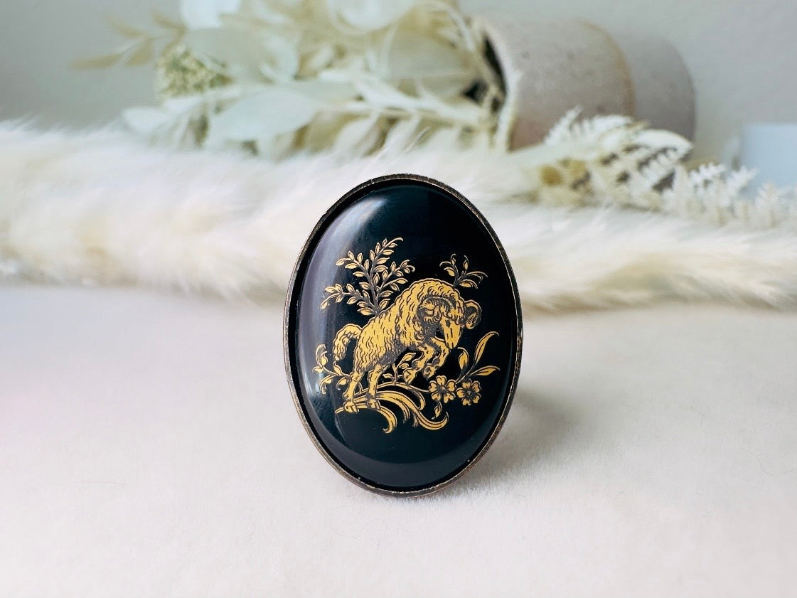 Aries Zodiac Ring, Vintage Glass Cameo Ring in Black and Gold