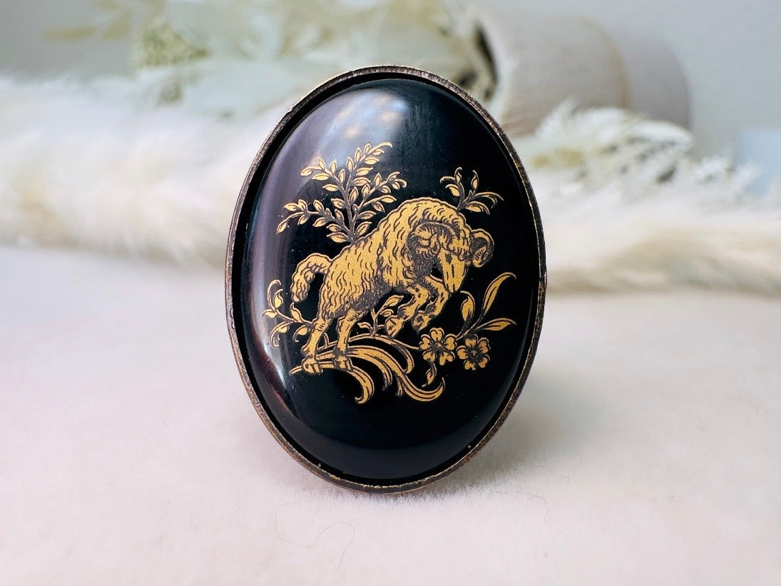 Aries Zodiac Ring, Vintage Glass Cameo Ring in Black and Gold