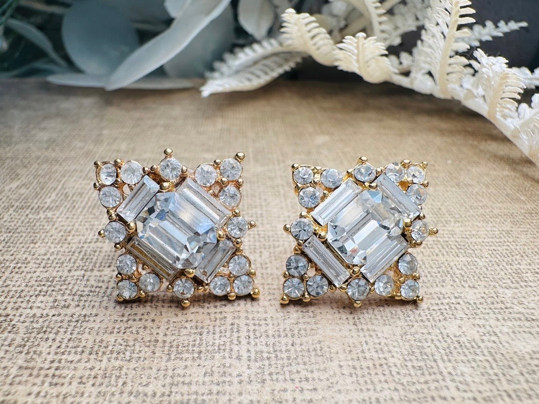 Art Deco Monet Crystal Earrings, Vintage Multi Stone Maltese Cross Rhinestone Designer Earrings, Gorgeous Pierced Post Cocktail Earrings