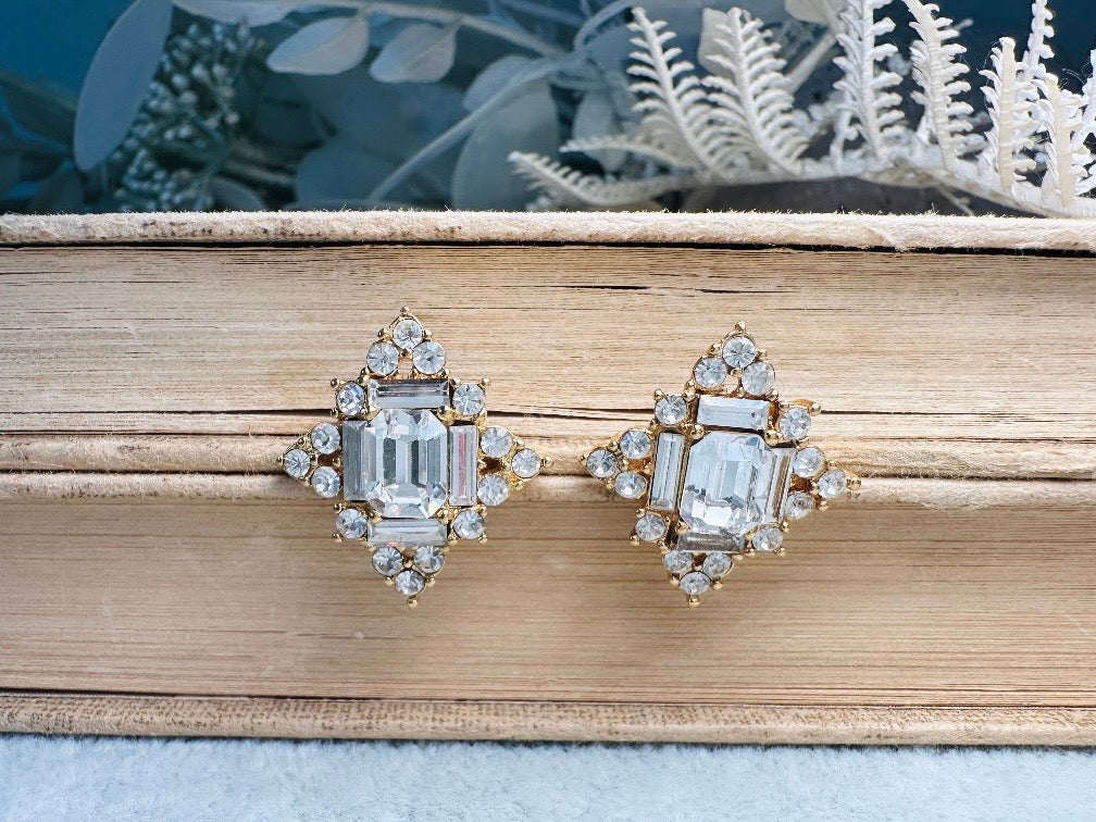 Art Deco Monet Crystal Earrings, Vintage Multi Stone Maltese Cross Rhinestone Designer Earrings, Gorgeous Pierced Post Cocktail Earrings