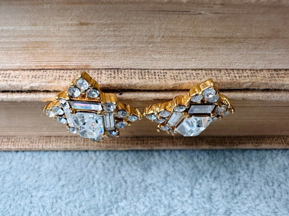 Art Deco Monet Crystal Earrings, Vintage Multi Stone Maltese Cross Rhinestone Designer Earrings, Gorgeous Pierced Post Cocktail Earrings