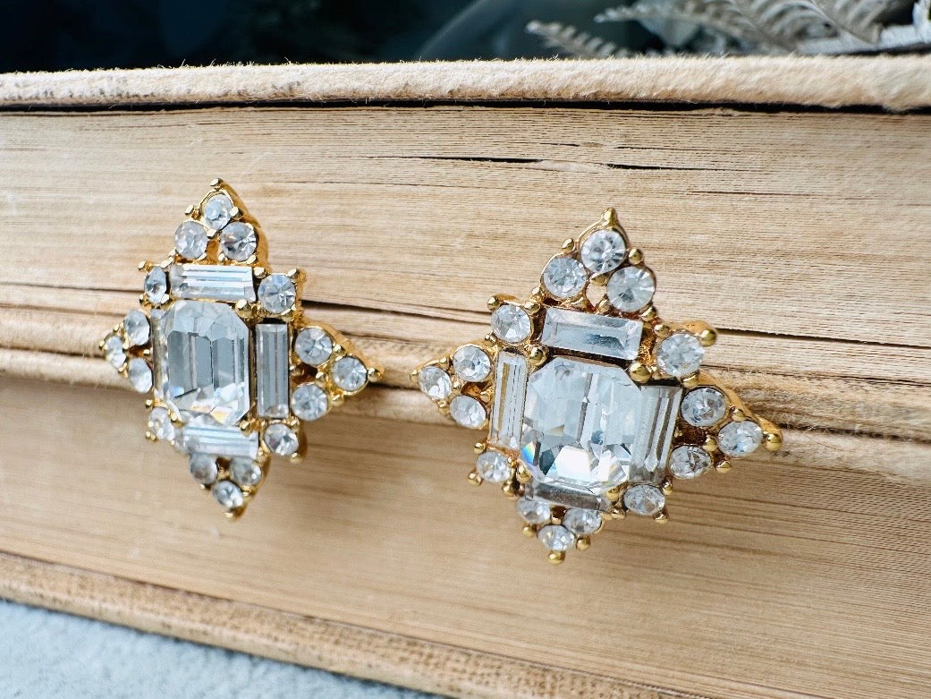 Art Deco Monet Crystal Earrings, Vintage Multi Stone Maltese Cross Rhinestone Designer Earrings, Gorgeous Pierced Post Cocktail Earrings