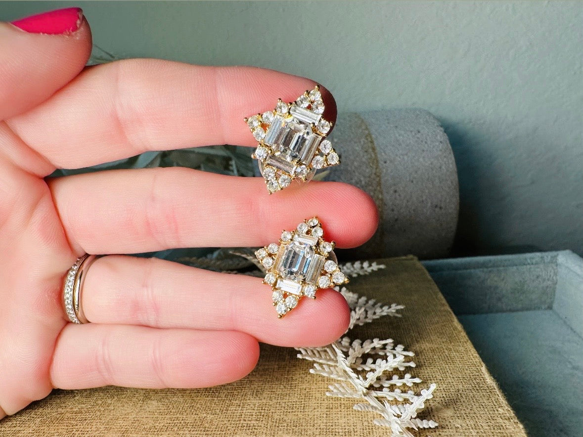 Art Deco Monet Crystal Earrings, Vintage Multi Stone Maltese Cross Rhinestone Designer Earrings, Gorgeous Pierced Post Cocktail Earrings