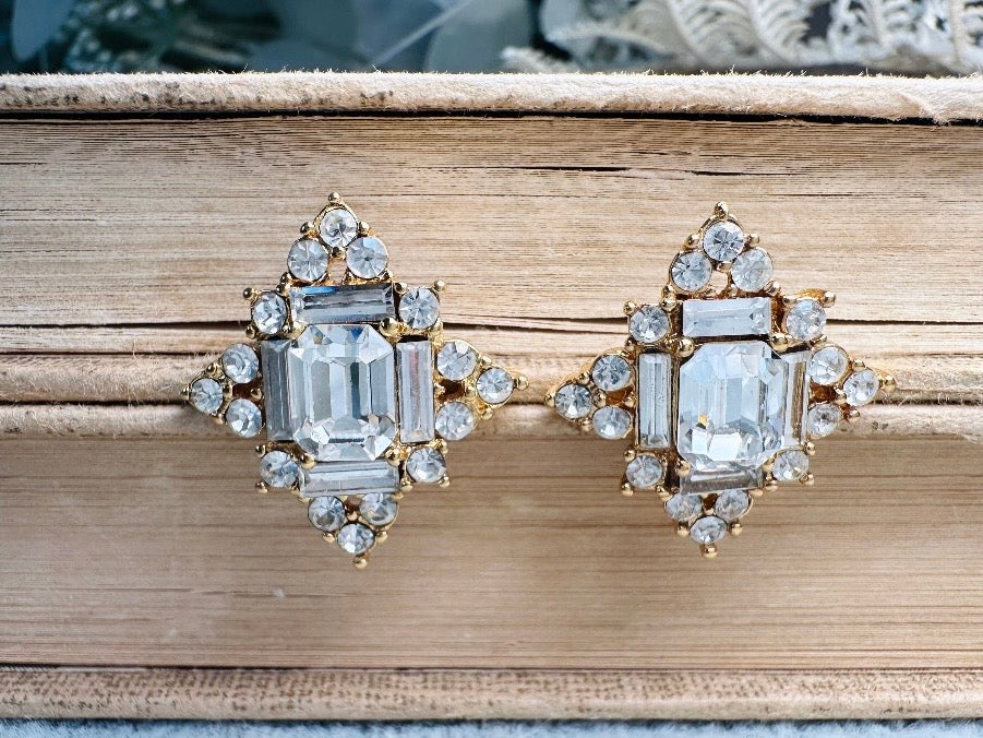 Art Deco Monet Crystal Earrings, Vintage Multi Stone Maltese Cross Rhinestone Designer Earrings, Gorgeous Pierced Post Cocktail Earrings