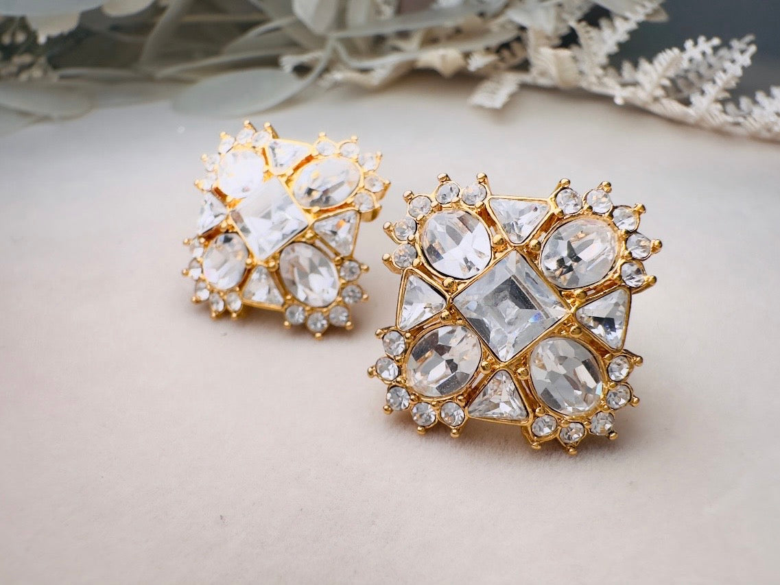Art Deco Monet Crystal Earrings, Vintage Multi Stone Maltese Cross Rhinestone Designer Earrings